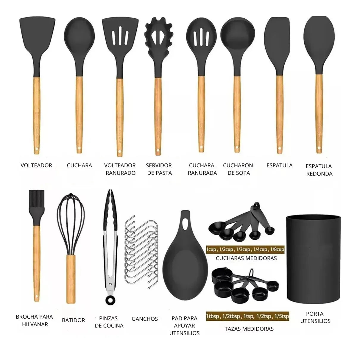 Kit X24 Utensilios De Cocina Filoshark Silicona Mango Madera
