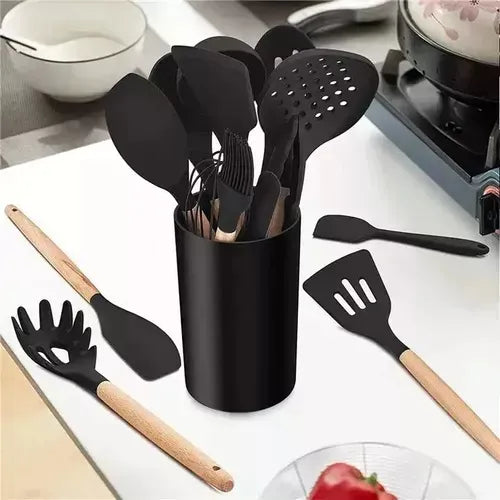Kit X24 Utensilios De Cocina Filoshark Silicona Mango Madera