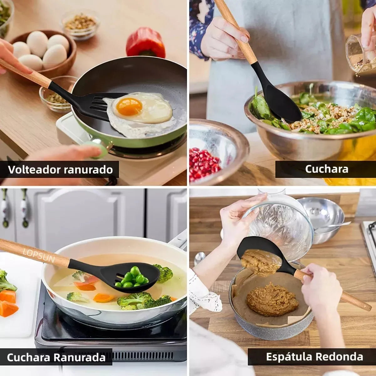 Kit X24 Utensilios De Cocina Filoshark Silicona Mango Madera