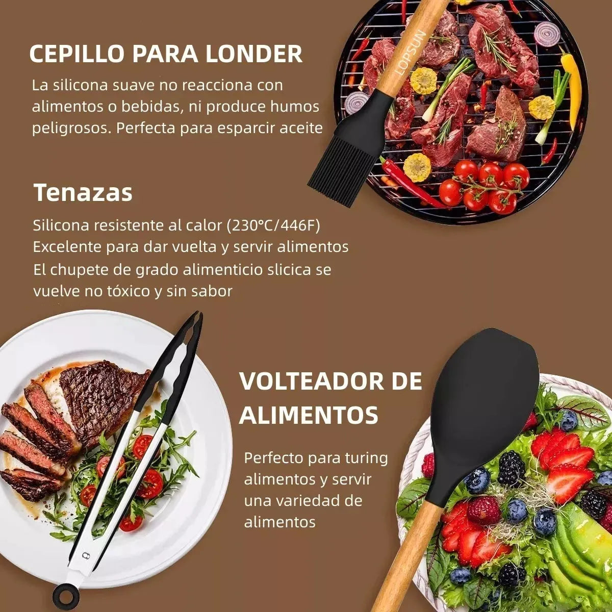 Kit X24 Utensilios De Cocina Filoshark Silicona Mango Madera