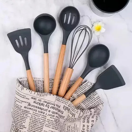 Kit X24 Utensilios De Cocina Filoshark Silicona Mango Madera
