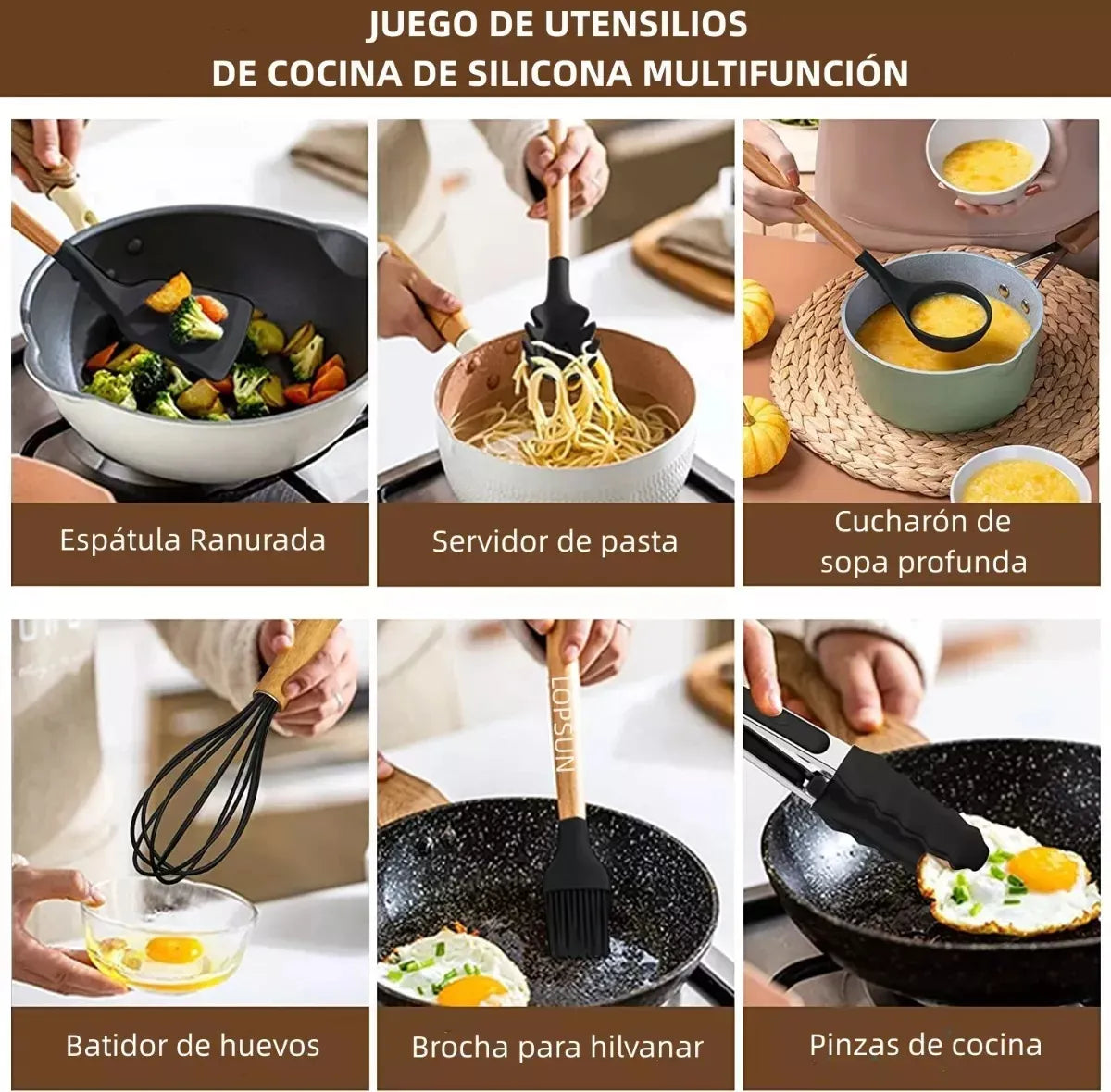 Kit X24 Utensilios De Cocina Filoshark Silicona Mango Madera