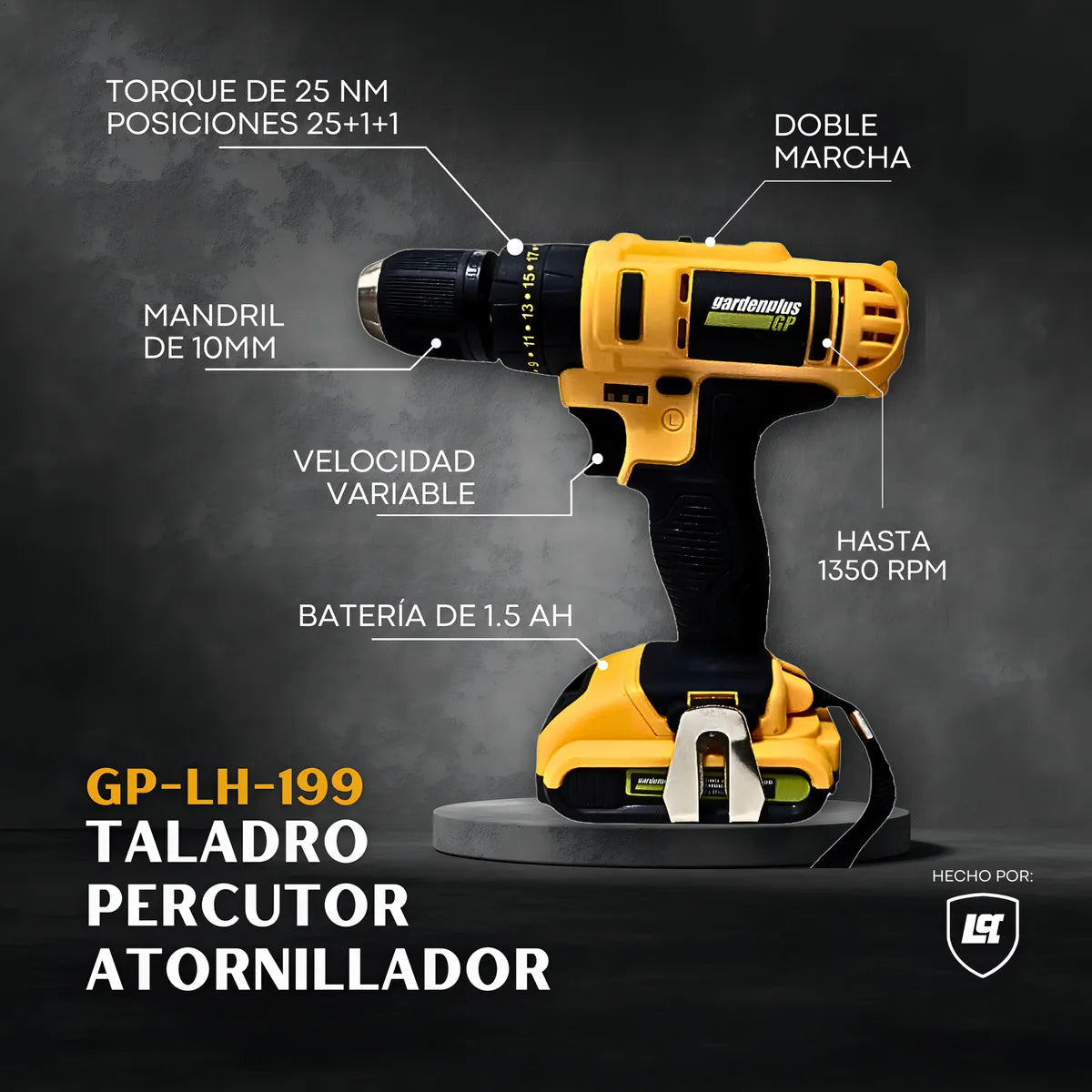 Taladro Atornillador Percutor Gp Garden Plus De Lusqtoff + 2 Baterias Inalambrico Mandril